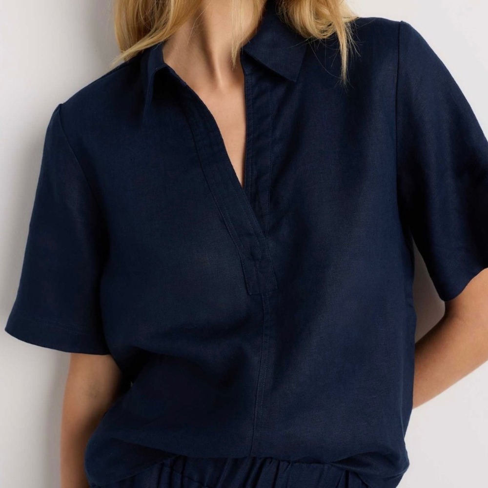 Quince 100% European Linen Boxy Popover Top Oversized Deep Navy Blue XS NWT